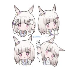 Rule 34 | 1girl, :o, animal ears, arms up, blush, bow, bowtie, brooch, chibi, chiikawa four expressions (meme), closed mouth, double v, ear ornament, gloves, grey hair, hair ornament, hairclip, hands up, happy meek (umamusume), highres, horse ears, jacket, jewelry, looking at viewer, medium hair, meme, multiple views, pink eyes, ryusei (ryusei b), short sleeves, smile, twitter username, umamusume, v, v-shaped eyebrows, white background, white gloves, white jacket