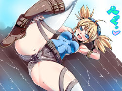 Rule 34 | 10s, 1girl, belt, blonde hair, blue eyes, blush, boots, breasts, commentary request, goggles, goggles on head, granblue fantasy, highres, knee boots, leg lift, leg ribbon, looking at viewer, lying, on back, open mouth, pengie, ribbon, shirt, shorts, skindentation, sleeveless, sleeveless shirt, solo, spread legs, sweat, thighhighs, thighs, tukiwani, twintails, white thighhighs