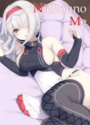 Rule 34 | 1girl, anchor, azur lane, bare shoulders, black gloves, blush, boots, breasts, collarbone, colorado (azur lane), commentary request, cross-laced footwear, dress, elbow gloves, fingerless gloves, gloves, grey footwear, grey thighhighs, hair intakes, hair over one eye, hairband, hands up, highres, lace-up boots, large breasts, long hair, looking at viewer, lying, mattress, olive (laai), on side, parted lips, red eyes, red hairband, sideboob, silver hair, sleeveless, sleeveless dress, smile, solo, thigh boots, thighhighs, wooden floor