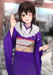 Rule 34 | 1girl, 73suke, absurdres, alternate costume, ashigara (kancolle), bag, blurry, blurry background, blush, brown eyes, brown hair, fang, floral print, fur collar, hair between eyes, handbag, highres, holding, japanese clothes, kantai collection, kimono, long hair, long sleeves, looking at viewer, one eye closed, open mouth, outdoors, purple kimono, solo, wide sleeves