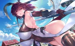 Rule 34 | 1girl, action taimanin, aoi nagisa (metalder), bare shoulders, breasts, brown hair, city, curvy, female focus, game cg, gloves, hair ribbon, highleg, highleg leotard, holding, holding weapon, huge breasts, leotard, lilith-soft, looking at viewer, mature female, mizuki shiranui, official art, red eyes, ribbon, shiny clothes, shiny skin, sky, smile, solo, taimanin (series), taimanin yukikaze, thighs, thong leotard, weapon