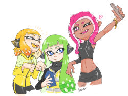 Rule 34 | 3girls, agent 3 (splatoon), agent 4 (splatoon), agent 8 (splatoon), anvil, arm up, artist name, bike shorts, black shirt, black shorts, black skirt, blouse, blue eyes, blunt bangs, blush, bracelet, cellphone, chinese commentary, closed mouth, colored tongue, commentary request, cropped legs, cropped torso, dark-skinned female, dark skin, fangs, frown, green hair, groin, head tilt, headgear, heart, holding, holding phone, inkling, inkling girl, inkling player character, jacket, jewelry, laughing, light blush, long hair, long sleeves, looking at another, madaga (animaofmoon), medium hair, microskirt, midriff, multiple girls, nintendo, notice lines, octoling, octoling girl, octoling player character, one eye closed, open mouth, orange hair, orange tongue, pencil skirt, phone, pink eyes, pink headwear, pointy ears, school uniform, serafuku, shirt, short eyebrows, shorts, signature, simple background, single sleeve, single vertical stripe, skirt, smartphone, smile, splatoon (series), splatoon 1, splatoon 2, splatoon 2: octo expansion, squidbeak splatoon, standing, suction cups, tentacle hair, vest, white background, yellow jacket, yellow vest, zipper