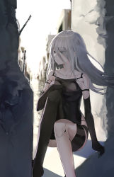 Rule 34 | 1girl, absurdres, afe, android, armlet, bare shoulders, black gloves, black shorts, black tank top, blue eyes, collarbone, concrete, elbow gloves, gloves, hair between eyes, highres, joints, long hair, nier (series), nier:automata, robot joints, shorts, silver hair, sitting, tank top, a2 (nier:automata)