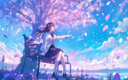 1girl bench brown_eyes brown_hair candy_sweet cherry falling_petals floating_hair flower food fruit loafers original park_bench petals pond reaching reflection scenery school_uniform shoes smile wind