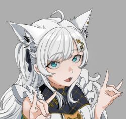 1girl ahoge animal_ear_fluff animal_ears cassiev509 commentary double_fox_shadow_puppet english_commentary fox_ears fox_shadow_puppet green_eyes grey_background grey_hair highres hololive long_hair looking_at_viewer open_mouth portrait shirakami_fubuki simple_background smile solo virtual_youtuber