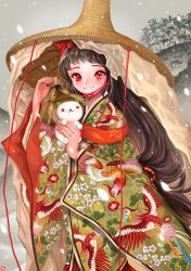 Rule 34 | 1girl, albino, bad id, bad twitter id, bowl, bowl hat, brown hair, candlefish, creature, floral print, hat, highres, japanese clothes, kimono, long hair, looking at viewer, monster, neko atsume, original, outdoors, plant, red eyes, smile, snow, solo, standing, tree, very long hair, winter, yukineko-san