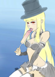 Rule 34 | 1girl, alternate costume, bare shoulders, blonde hair, blush, breasts, capcom, capcom fighting jam, cleavage, deliciousorange, detached collar, detached sleeves, dripping, food, ingrid (capcom), licking, long hair, midnight bliss, midriff, miniskirt, phallic symbol, popsicle, red eyes, saliva, sexually suggestive, sidelocks, sitting, sketch, skirt, solo, thighhighs, white thighhighs