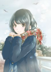 Rule 34 | 1girl, absurdres, arms up, bird, black hair, blue coat, blue shirt, blue sky, blurry, bridge, brown eyes, building, coat, commentary request, day, depth of field, duffel coat, enoshima, highres, holding, holding clothes, holding scarf, hoshiibara mato, light particles, long sleeves, looking at viewer, medium hair, open clothes, open coat, original, outdoors, plaid, plaid scarf, scarf, shirt, sky, sleeves past wrists, smile, solo, tower, upper body