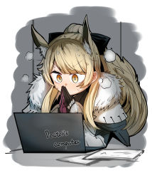 Rule 34 | 1girl, animal ears, arknights, armor, black bow, black gloves, blemishine (arknights), blonde hair, blush, bow, computer, extra ears, fur-trimmed armor, fur trim, gin moku, gloves, grey background, hair bow, hands up, highres, horse ears, horse girl, laptop, long hair, nervous sweating, own hands together, pink gloves, ponytail, sidelocks, simple background, solo, sweat, two-tone gloves, upper body, v-shaped eyebrows, yellow eyes