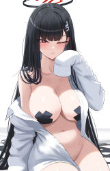 Rule 34 | 1girl, absurdres, areola slip, bare shoulders, black hair, black halo, black pasties, blue archive, blush, bottomless, breasts, collarbone, commentary request, cross pasties, hair ornament, hairpin, halo, hand up, highres, large breasts, long hair, navel, one eye closed, pasties, red eyes, rio (blue archive), s redbutterfly, shirt, single off shoulder, sitting, sleeves past fingers, sleeves past wrists, solo, stomach, thighs, white shirt
