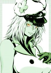 Rule 34 | 1girl, an&#039;no natsume, bandaged hand, bandages, breasts, clover, four-leaf clover, green theme, grin, guilty gear, guilty gear strive, hat, highres, large breasts, limited palette, ramlethal valentine, sharp teeth, smile, solo, teeth, upper body, yellow eyes