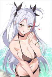 Rule 34 | 1girl, absurdres, azur lane, bikini, black bikini, black choker, black ribbon, breasts, choker, collarbone, commentary, hair ribbon, highres, large breasts, long hair, looking at viewer, mole, mole on breast, navel, prinz eugen (azur lane), ribbon, side-tie bikini bottom, solo, swimsuit, symbol-only commentary, white hair, xiaoxiao de kuangsan, yellow eyes