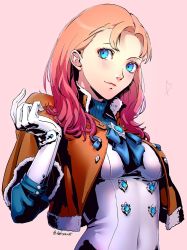 Rule 34 | 1girl, annette fantine dominic, blue eyes, capelet, closed mouth, datcravat, fire emblem, fire emblem: three houses, gloves, highres, nintendo, orange hair, pink background, simple background, solo, twitter username, upper body, white gloves
