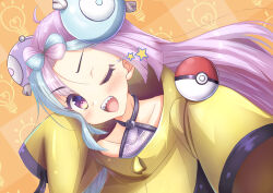 Rule 34 | 1girl, ;d, aida monaka, blush, bow-shaped hair, character hair ornament, collarbone, commentary request, creatures (company), game freak, hair ornament, happy, highres, iono (pokemon), jacket, long sleeves, looking at viewer, multicolored hair, nintendo, one eye closed, open mouth, orange background, poke ball, poke ball (basic), pokemon, pokemon sv, shirt, sleeves past fingers, sleeves past wrists, smile, star (symbol), teeth, two-tone hair, upper teeth only, yellow jacket