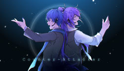 Rule 34 | 2boys, back-to-back, black background, black jacket, black vest, blue hair, blue nails, blue scarf, commentary, closed eyes, formal, headset, highres, jacket, kaito (vocaloid), kamui gakupo, light particles, long hair, male focus, multiple boys, music, nail polish, open mouth, outstretched arm, ponytail, purple hair, purple nails, scarf, shirt, singing, song name, suit, very long hair, vest, vocaloid, white shirt, yinnnn