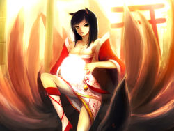Rule 34 | 1girl, :o, ahri (league of legends), animal ears, bad id, bad pixiv id, bamboo, bell, black hair, breasts, cleavage, detached sleeves, facial mark, fox ears, fox tail, helrouis, highres, korean clothes, league of legends, long hair, multiple tails, skirt, slit pupils, solo, tail, whisker markings, yellow eyes