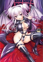 Rule 34 | 1girl, arm support, bat wings, bed, black footwear, blush, boots, braid, brandish, breasts, cleavage, demon girl, demon wings, hand up, head tilt, high heel boots, high heels, highres, long hair, navel, on bed, purple hair, revealing clothes, rusty soul, saliva, shiny clothes, sitting, smile, solo, sweat, thigh boots, thighhighs, tongue, tongue out, tsukaima, twin braids, twiska, wings