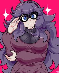 Rule 34 | :3, @ @, absurdres, adjusting eyewear, ahoge, blue eyes, commentary, commission, creatures (company), dress, english commentary, game freak, glasses, hand on own elbow, headband, hex maniac (pokemon), highres, long dress, long hair, nintendo, pink background, pokemon, pokemon xy, purple hair, purple headband, ribbed sweater, silk, simple background, smile, solo, sparkle, spider web, spider web print, sweater, theironmountain