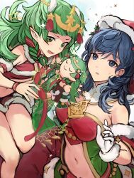 Rule 34 | 2girls, :o, bare shoulders, blue eyes, blue hair, breasts, byleth (female) (fire emblem), byleth (female) (frosty professor) (fire emblem), byleth (fire emblem), character doll, christmas, doll, dress, fire emblem, fire emblem: three houses, fire emblem heroes, floating, fur-trimmed dress, fur-trimmed gloves, fur trim, gloves, green eyes, green hair, grey background, haru (nakajou-28), highres, holding, holding doll, long hair, medium breasts, midriff, multiple girls, navel, nintendo, official alternate costume, red dress, santa costume, simple background, smile, sothis (fire emblem), sothis (winter) (fire emblem), stomach, sweatdrop, twintails, very long hair, white gloves