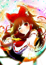 Rule 34 | 1girl, aoki shin, bad id, bad pixiv id, bow, brown hair, card, detached sleeves, female focus, foreshortening, hair bow, hakurei reimu, holding, holding card, japanese clothes, miko, one eye closed, red eyes, short hair, solo, touhou, wink