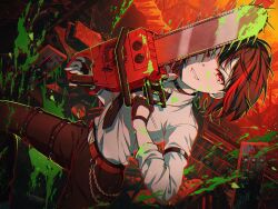 Rule 34 | 1girl, arm strap, bang dream!, belt, belt chain, black hair, chainsaw, collar, collared shirt, dress shirt, dutch angle, evil grin, evil smile, fingerless gloves, gloves, grin, halftone, holding, holding chainsaw, limited palette, liquid, mitake ran, multicolored hair, necktie, official art, pants, pink eyes, red hair, red theme, shirt, short hair, smile, streaked hair, thigh strap, third-party source