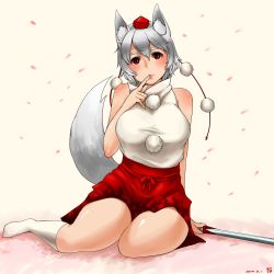 Rule 34 | 1girl, animal ears, blush, breasts, detached sleeves, eyebrows, hat, highres, inubashiri momiji, large breasts, red eyes, sakushin, short hair, silver hair, smile, solo, sword, tail, thick eyebrows, tokin hat, touhou, weapon, wolf ears, wolf tail