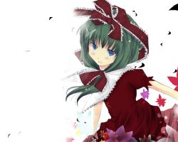 Rule 34 | 1girl, autumn leaves, capelet, dress, expressionless, female focus, front ponytail, green eyes, green hair, kagiyama hina, matching hair/eyes, puffy short sleeves, puffy sleeves, red dress, short hair, short sleeves, solo, touhou, upper body