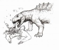 Rule 34 | 4n, blood, claws, corpse, dinosaur, eating, fangs, guro, maw, monochrome, open mouth, reptile, severed limb, simple background, sketch, standing