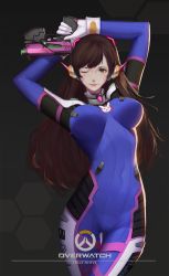 Rule 34 | 1girl, absurdres, animal print, arched back, arms behind head, backlighting, bad id, bad pixiv id, blue bodysuit, bodysuit, bracer, breasts, brown eyes, brown hair, copyright name, covered navel, d.va (overwatch), english text, facepaint, facial mark, gloves, gun, handgun, headphones, high collar, highres, holding, holding gun, holding weapon, large breasts, long hair, looking at viewer, one eye closed, overwatch, overwatch 1, parted lips, pilot suit, pink lips, pistol, rabbit print, ribbed bodysuit, sannye, shoulder pads, skin tight, smile, solo, swept bangs, thigh gap, weapon, whisker markings, white gloves