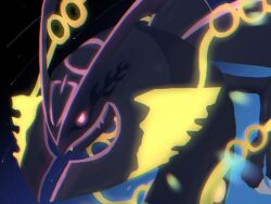 Rule 34 | alternate color, black sclera, blue background, bright pupils, chromatic aberration, claws, closed mouth, colored sclera, creatures (company), dragon, fang, fang out, game freak, gen 3 pokemon, glowing, glowing eyes, gradient background, herari, highres, legendary pokemon, mega pokemon, mega rayquaza, neon trim, nintendo, pink eyes, pokemon, pokemon (creature), rayquaza, shiny pokemon, shooting star, upper body, white pupils