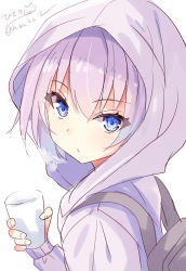 Rule 34 | 1girl, artist name, backpack, bag, blue eyes, closed mouth, cup, grey jacket, hair between eyes, hizaka, holding, holding cup, hood, hooded jacket, jacket, kantai collection, long sleeves, looking at viewer, pink hair, shiranui (kancolle), short hair, signature, simple background, solo, twitter username, white background