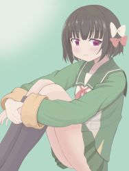 Rule 34 | 1girl, black hair, black socks, bow, collarbone, commentary request, gradient background, green background, green jacket, green skirt, hair bow, hair ribbon, highres, hugging own legs, ishigaki (kancolle), jacket, kantai collection, kneehighs, long sleeves, looking at viewer, mikoko1, pleated skirt, red bow, red eyes, red ribbon, ribbon, short hair, sitting, skirt, socks, solo, white bow