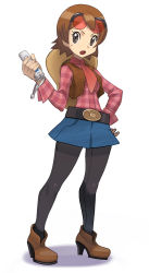 Rule 34 | 1girl, bad id, bad pixiv id, belt, boots, brown eyes, brown hair, controller, cowboy hat, creatures (company), full body, game console, game controller, game freak, hand on own hip, hat, hayley (pokemon), high heels, hip focus, legs, mole, my pokemon ranch, nintendo, pantyhose, pokemon, ryuntack, shoes, skirt, solo, standing, sunglasses, vest, cowboy western, wii, wii remote