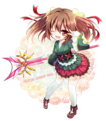 Rule 34 | 1girl, ;d, brown eyes, brown footwear, brown hair, copyright name, flower knight girl, full body, hair intakes, hair ribbon, japanese clothes, kimono, long hair, looking at viewer, nekomoto, nishikigi (flower knight girl), one eye closed, open mouth, red ribbon, red skirt, ribbon, shoes, skirt, smile, solo, staff, standing, thighhighs, twintails, v, white thighhighs