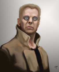 Rule 34 | 1boy, batou (gits), blonde hair, bruce willis, coat, crashinist, expressionless, ghost in the shell, glasses, grey background, lips, looking at viewer, short hair, signature, simple background, the sixth sense, toned