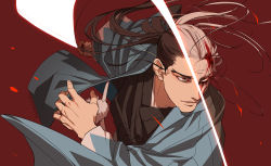 Rule 34 | 1boy, absurdres, artist name, black hair, blood, blood in hair, blood on face, brown eyes, fighting stance, golden kamuy, highres, hijikata toshizou (golden kamuy), japanese clothes, long hair, male focus, old, old man, red background, reman kamuy, slashing, solo, split theme, twitter username, upper body, white hair, wide sleeves, aged down