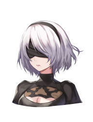 Rule 34 | 1girl, android, bad id, bad pixiv id, black dress, black hairband, blacktheif, blindfold, breasts, cleavage, cleavage cutout, clothing cutout, dress, hairband, highres, lips, medium breasts, mole, mole under mouth, nier (series), nier:automata, patterned clothing, portrait, short hair, silver hair, simple background, solo, white background, 2b (nier:automata)