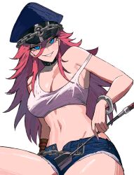 Rule 34 | 1girl, blue eyes, blue hat, bracelet, breasts, cleavage, final fight, hair between eyes, hat, holding, jewelry, large breasts, long hair, midriff, navel, open fly, peaked cap, poison (final fight), red hair, smile, solo, street fighter, zeon (zzeeonn)