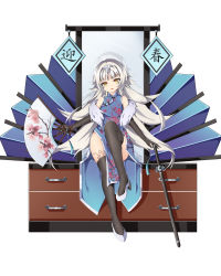 Rule 34 | 1girl, absurdres, alternate costume, azur lane, black gloves, cabinet, china dress, chinese clothes, commentary request, dress, elbow gloves, folding fan, full body, gloves, grey hair, hair between eyes, hand fan, headpiece, high heels, highres, holding, holding fan, holding sword, holding weapon, knee to chest, leg tattoo, long hair, looking at viewer, mole, mole under eye, side slit, sidelocks, simple background, sitting, sleeveless, solo, sword, tattoo, thighhighs, translation request, weapon, white background, white footwear, yellow eyes, z46 (azur lane), zhuiyi sigma
