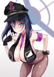 Rule 34 | 1girl, alternate costume, ass, bent over, between breasts, blue eyes, blue hair, blush, bodystocking, breasts, cleavage, clock, closed mouth, collarbone, cosplay, cowboy shot, creator connection, embarrassed, fate/grand order, fate (series), fingerless gloves, gloves, halo, hand on own hip, hat, highres, hololive, hololive english, huge breasts, large breasts, looking at viewer, mechanical halo, medium hair, moral-steel, necktie, necktie between breasts, ouro kronii, police hat, purple necktie, sessyoin kiara, sessyoin kiara (swimsuit mooncancer), sesshouin kiara (swimsuit mooncancer) (cosplay), sessyoin kiara (swimsuit mooncancer) (second ascension), simple background, solo, swimsuit, thighs, virtual youtuber