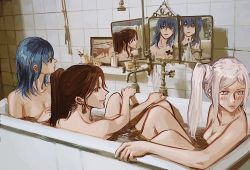 Rule 34 | 3girls, bathtub, blue hair, blush, breasts, brown hair, byleth (female) (fire emblem), byleth (fire emblem), dorothea arnault, earrings, edelgard von hresvelg, fire emblem, fire emblem: three houses, highres, iokuso, jewelry, looking at another, medium breasts, mirror, multiple girls, nintendo, nude, partially submerged, ponytail, reflection, same-sex bathing, shared bathing, side ponytail, silver hair, smile, water