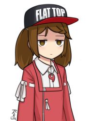 Rule 34 | 10s, 1girl, artist name, baseball cap, brown eyes, brown hair, closed mouth, clothes writing, english text, hat, jacy, japanese clothes, jitome, kantai collection, long hair, magatama, meme, ribbon-trimmed clothes, ribbon trim, ryuujou (kancolle), shirt, signature, simple background, solo, twintails, upper body, visor cap, white background, white shirt, wing collar