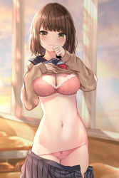Rule 34 | 1girl, akino ell, black skirt, bow, bow bra, bow panties, bowtie, bra, breasts, brown eyes, brown hair, brown sweater, cleavage, clothes pull, cowboy shot, hands up, highres, indoors, large breasts, lifting own clothes, long sleeves, looking at viewer, medium hair, miniskirt, navel, open clothes, open skirt, original, panties, pink bra, pink panties, pleated skirt, sailor collar, school uniform, skirt, skirt pull, smile, solo, standing, stomach, string panties, sweater, thighs, underwear