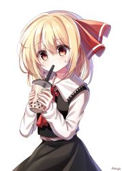 Rule 34 | 1girl, artist name, ascot, bad id, bad pixiv id, black skirt, black vest, blonde hair, blush, brown eyes, bubble tea, commentary request, cowboy shot, cup, disposable cup, drinking straw, hair between eyes, hair ribbon, hands up, highres, holding, holding cup, long sleeves, pudding (skymint 028), red ascot, red ribbon, ribbon, rumia, shirt, short hair, signature, simple background, skirt, skirt set, solo, sweat, touhou, vest, white background, white shirt