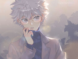 Rule 34 | 1boy, artist name, blue sweater, brown background, brown eyes, brown jacket, bush, chin, collared jacket, commentary, glasses, hand on own neck, highres, hunter x hunter, jacket, killua zoldyck, leaf, long sleeves, maosishu, open mouth, round eyewear, short hair, sunlight, sweater, teeth, turtleneck, upper body, white hair