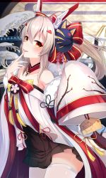 Rule 34 | 1girl, ayanami (azur lane), ayanami (pulse of the new year) (azur lane), azur lane, bare shoulders, black skirt, brown hair, chinese zodiac, commentary request, cowboy shot, ema, fine art parody, finger to mouth, fox mask, fur trim, hair ornament, highres, holding, japanese clothes, long hair, long sleeves, looking at viewer, mask, mask on head, nihonga, off shoulder, orange eyes, parody, ponytail, red ribbon, ribbon, shiira (nya rl), skirt, solo, thighhighs, tongue, tongue out, waves, white thighhighs, wide sleeves, year of the rat, zettai ryouiki