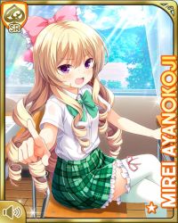 Rule 34 | 1girl, annoyed, ayanokoji mirei, blonde hair, blouse, bow, card, chair, character name, classroom, crossed legs, curly hair, day, desk, drill hair, girlfriend (kari), green bow, green skirt, hair ornament, indoors, long hair, official art, open mouth, ouju, paper, pink bow, plaid, plaid skirt, pointing, pointing at viewer, purple eyes, qp:flapper, ringlets, school, shirt, shoes, sitting, skirt, solo, tagme, v-shaped eyebrows, very long hair, white legwear, white shirt