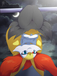 Rule 34 | 1girl, absurdres, alternate eye color, animal ear fluff, animal ears, animal nose, artist name, black fur, black sky, blue eyes, body fur, braixen, cloud, creatures (company), crescent moon, crossed arms, dated, eryz, female focus, flat chest, fox ears, fox girl, fox tail, furaffinity username, furry, furry female, game freak, gen 6 pokemon, grin, groin, hanging, happy, highres, looking at viewer, moon, multicolored fur, neck fur, night, nintendo, outdoors, pokemon, pokemon (creature), pole, signature, sky, smile, snout, solo, star (sky), tail, teeth, thick thighs, thighs, twitter username, upside-down, white fur, yellow fur