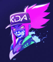 Rule 34 | 1girl, akali, blue background, collar, glowing, glowing hair, hat, jewelry, k/da (league of legends), k/da akali, league of legends, m t, mask, medium hair, pink hair, ponytail, signature, simple background, splatter