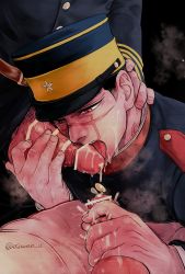 Rule 34 | 3boys, black hair, brown eyes, cropped, cum, cum in mouth, cum on male, cum on tongue, erection, esaman u, facial scar, fellatio, golden kamuy, hat, highres, imperial japanese army, licking, licking penis, male focus, male pubic hair, military, military hat, military uniform, multiple boys, oral, penis, pubic hair, scar, scar on cheek, scar on face, scar on mouth, scar on nose, short hair, sugimoto saichi, tongue, tongue out, uniform, yaoi
